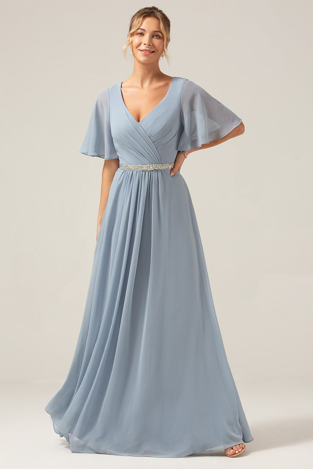 Dusty Blue A-Line V Neck Short Sleeves Chiffon Bridesmaid Dress