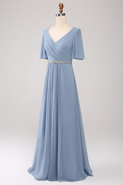 A-Line Chiffon Dusty Blue Long Bridesmaid Dress with Beaded Waist