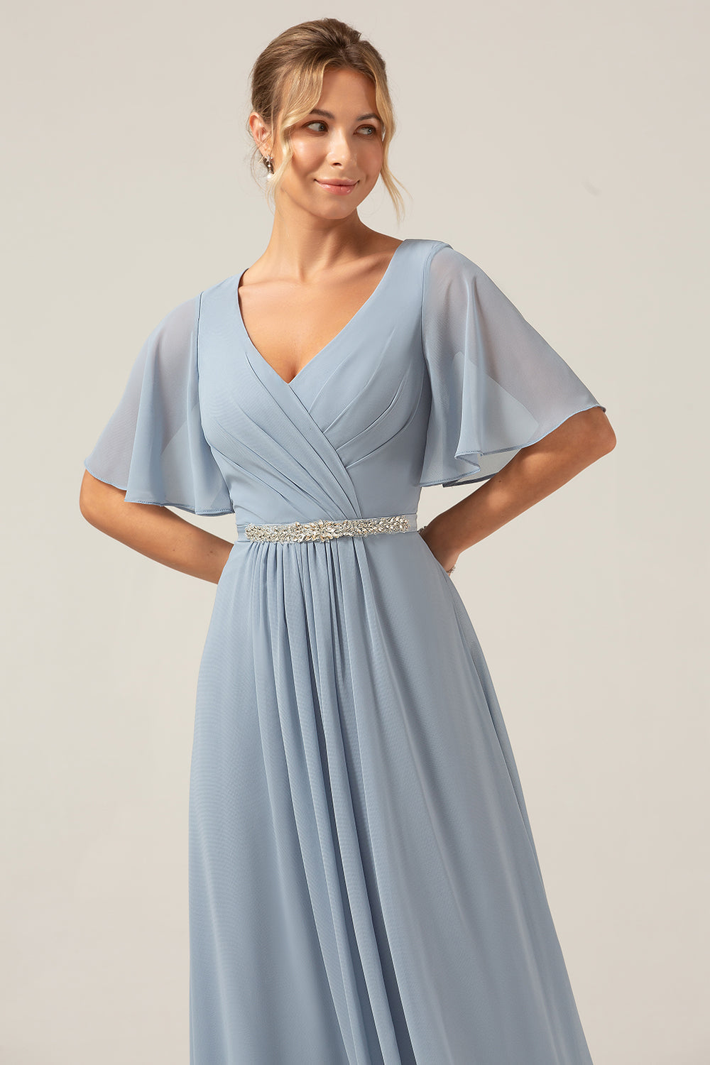 Dusty Blue A-Line V Neck Short Sleeves Chiffon Bridesmaid Dress