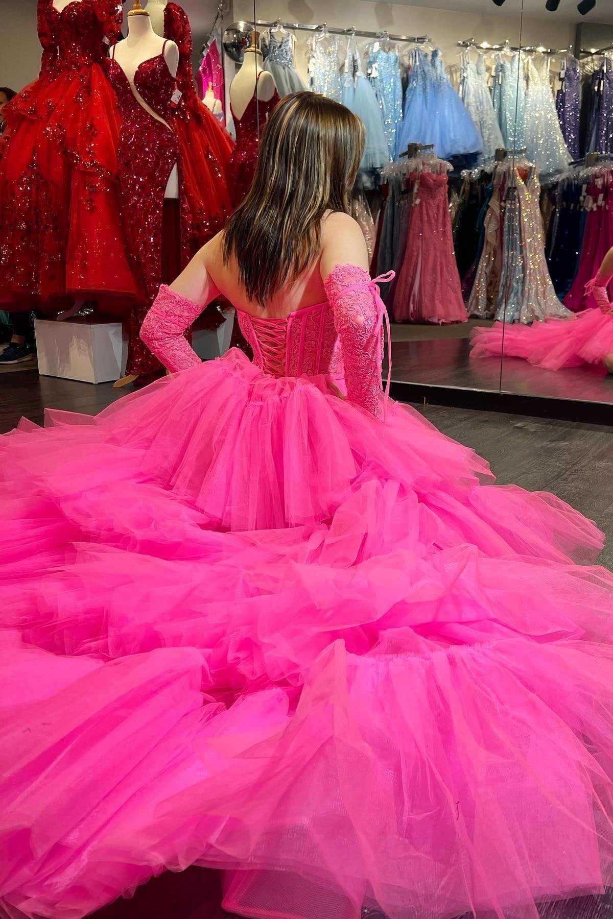 Sue | Hot Pink Off-Shoulder A-line Tulle Layers Applique Hi-Low Prom Dress