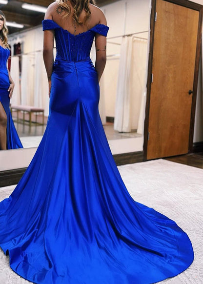 Raelyn |Mermaid Off the Shoulder Satin Prom Dress with Slit