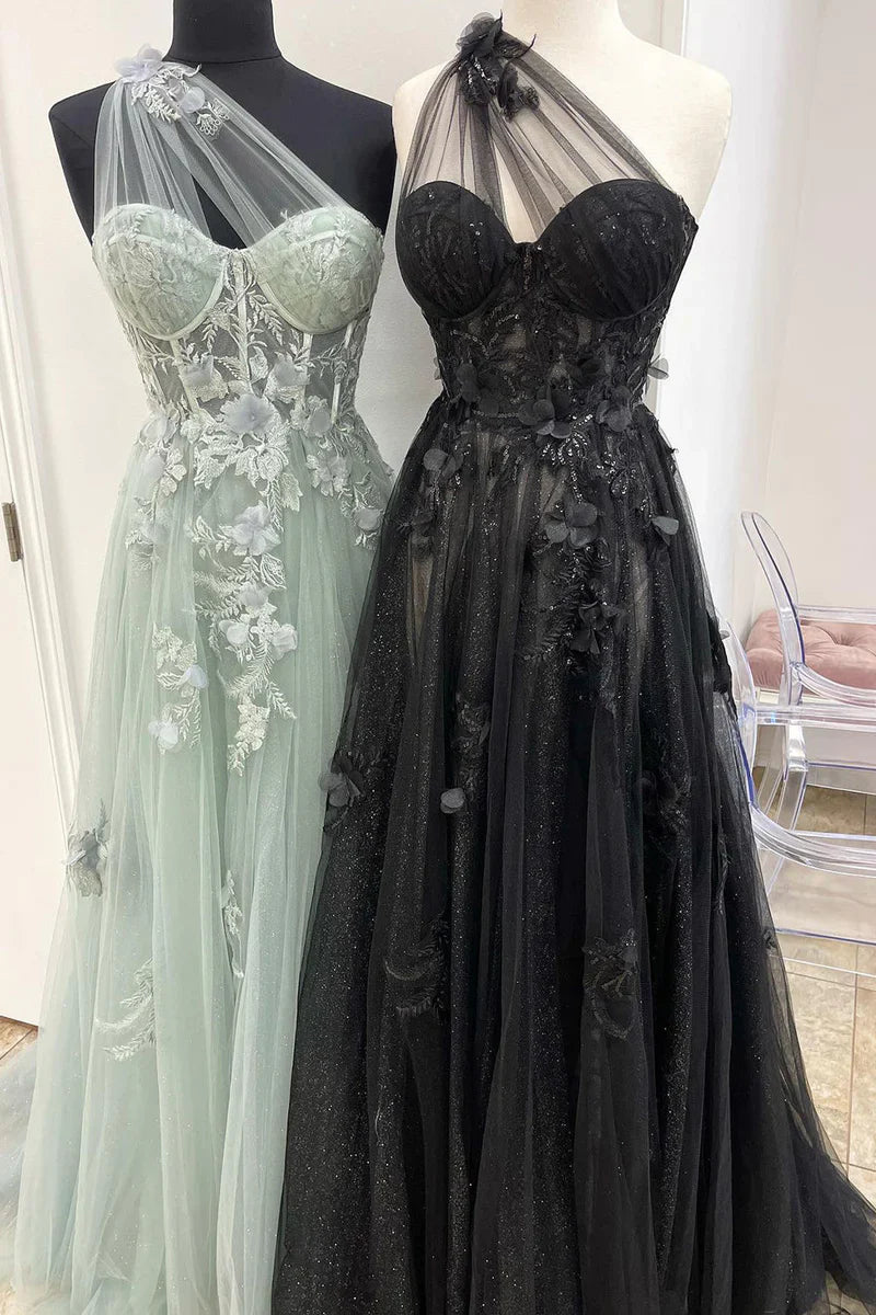 Black One Shoulder Floral Prom Dresses, Preppy Prom Dresses 2024