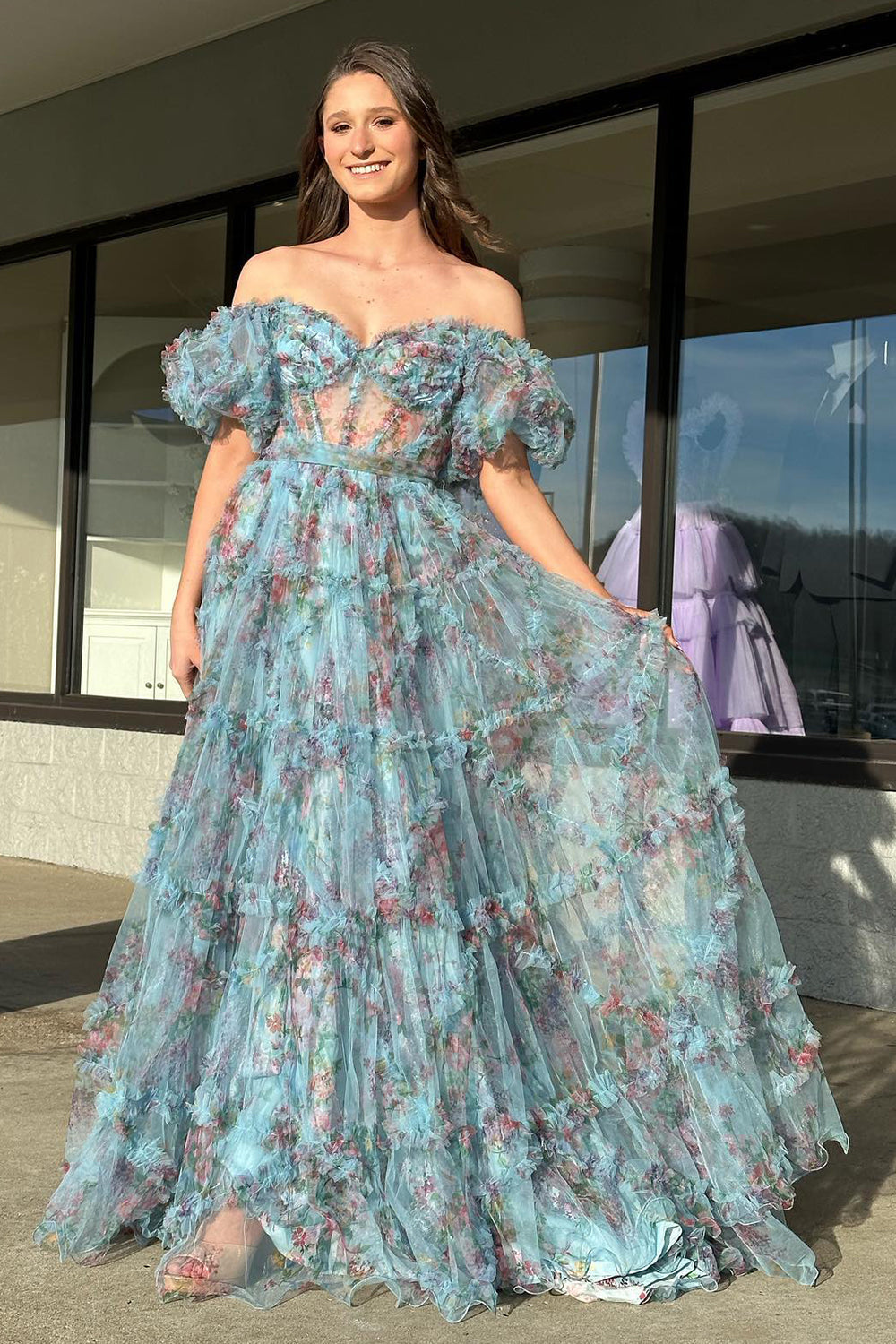 Sydney |A Line Off The Shoulder Floral Tulle Prom Dress