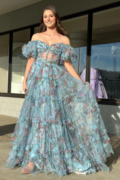 Sydney |A Line Sweetheart Printed Tulle Long Prom Dress