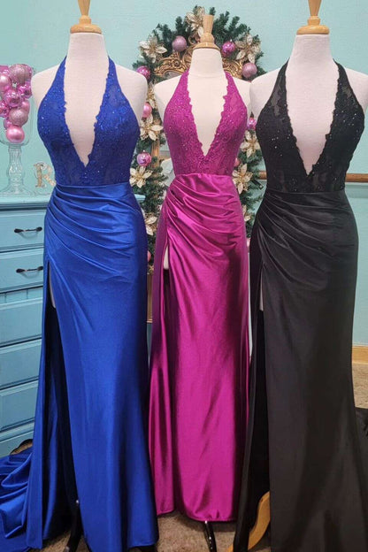 Nerute | Fuchsia Lace Applique Satin High Slit Mermaid Prom Dress