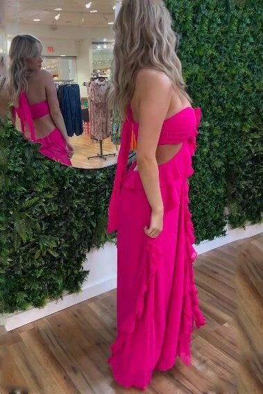 Hot Pink Halter Floral Chiffon Prom Dresses Ruffle Evening Party Dress, LTP2950