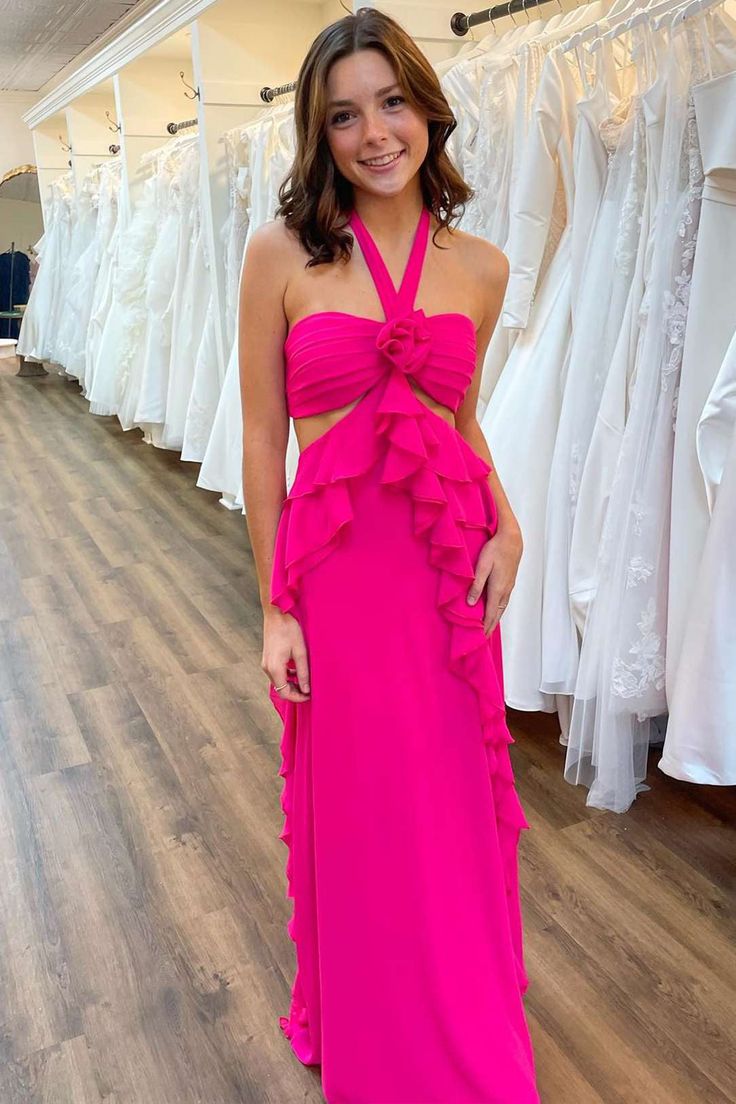 Hot Pink Halter Floral Chiffon Prom Dresses Ruffle Evening Party Dress, LTP2950