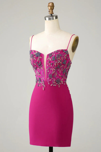 Stylish Bodycon Spaghetti Straps Fuchsia Short Homecoming Dress with Beaded