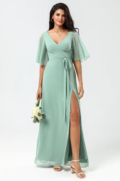 Chiffon V-neck Mint Bridesmaid Dress with Slit