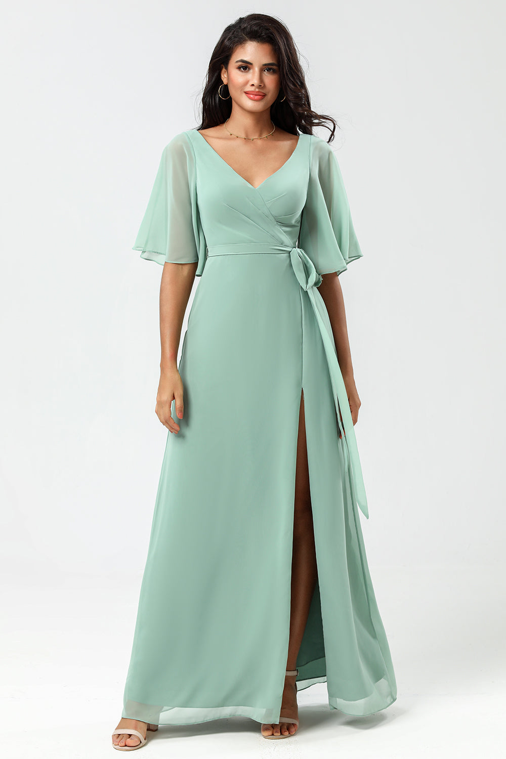 Chiffon V-neck Mint Bridesmaid Dress with Slit