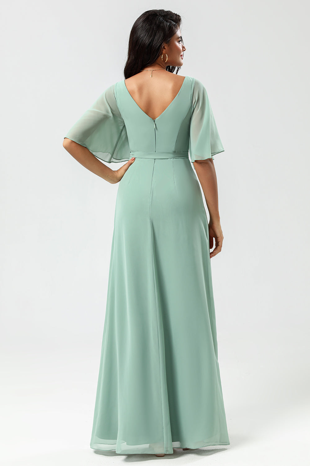 Chiffon V-neck Mint Bridesmaid Dress with Slit