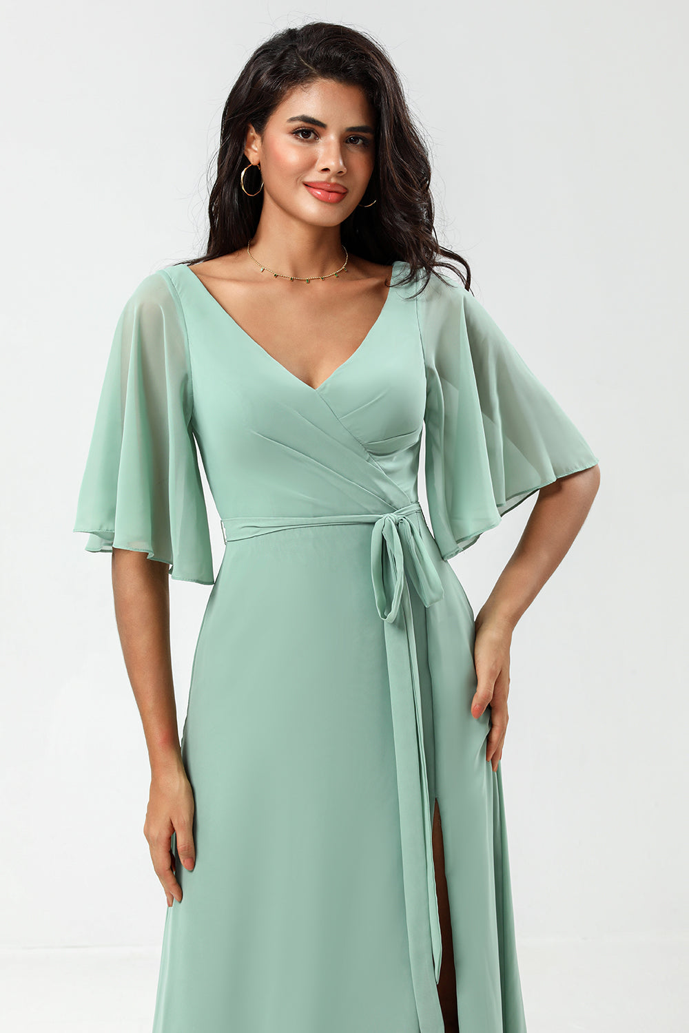 Chiffon V-neck Mint Bridesmaid Dress with Slit