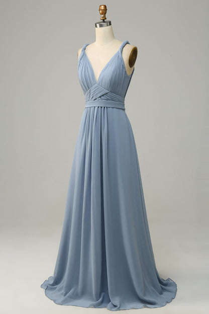 Dusty Blue Deep V Neck A Line Long Bridesmaid Dress