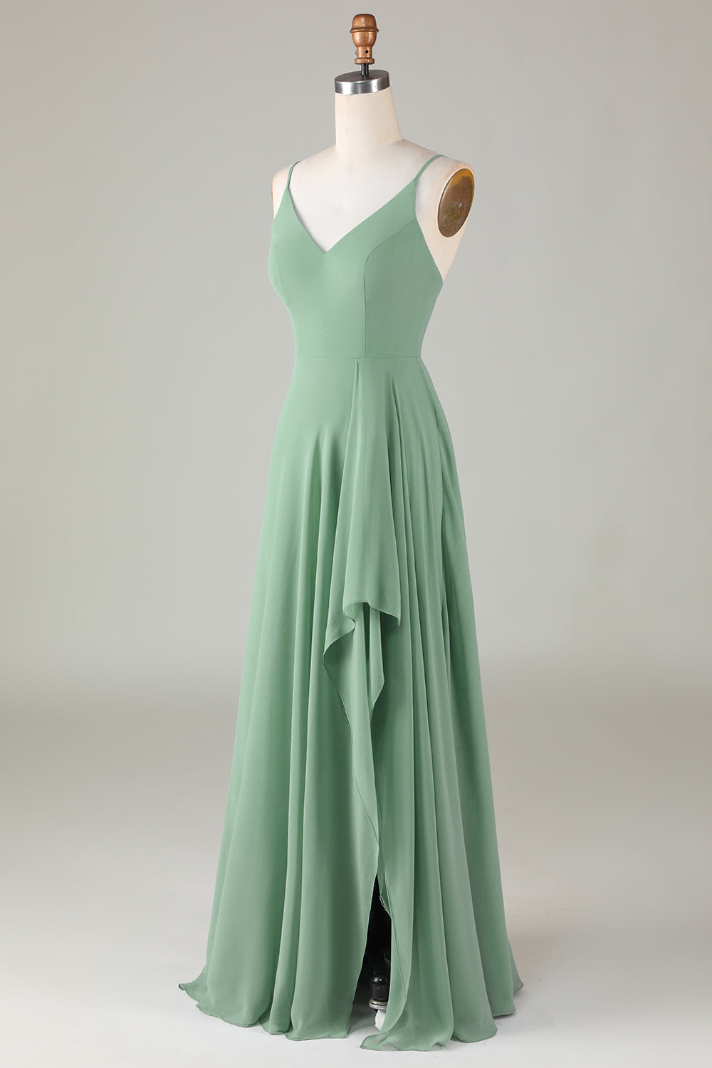 Spaghetti Straps Matcha Long Bridesmaid Dress with Ruffles