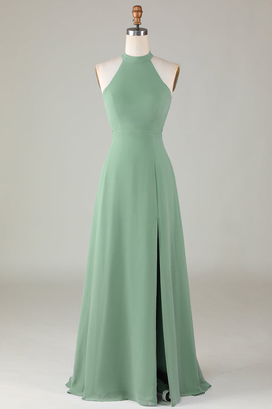 A-Line Halter Open Back Matcha Bridesmaid Dress with Split Front