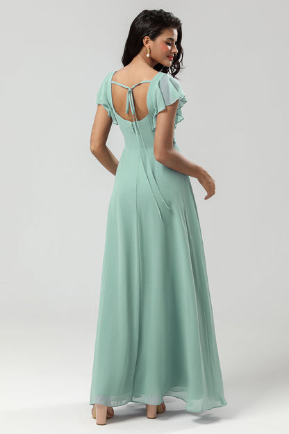 Green Square Neck Chiffon Bridesmaid Dress with Ruffles