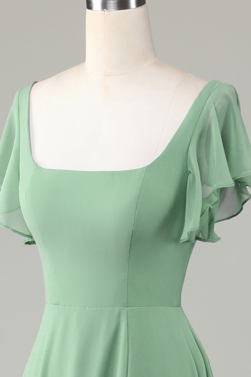 Square Neck Matcha Bridesmaid Dress with Ruffles