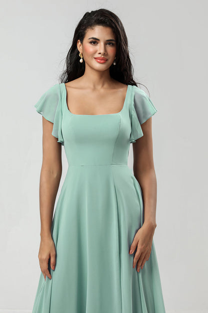 Green Square Neck Chiffon Bridesmaid Dress with Ruffles