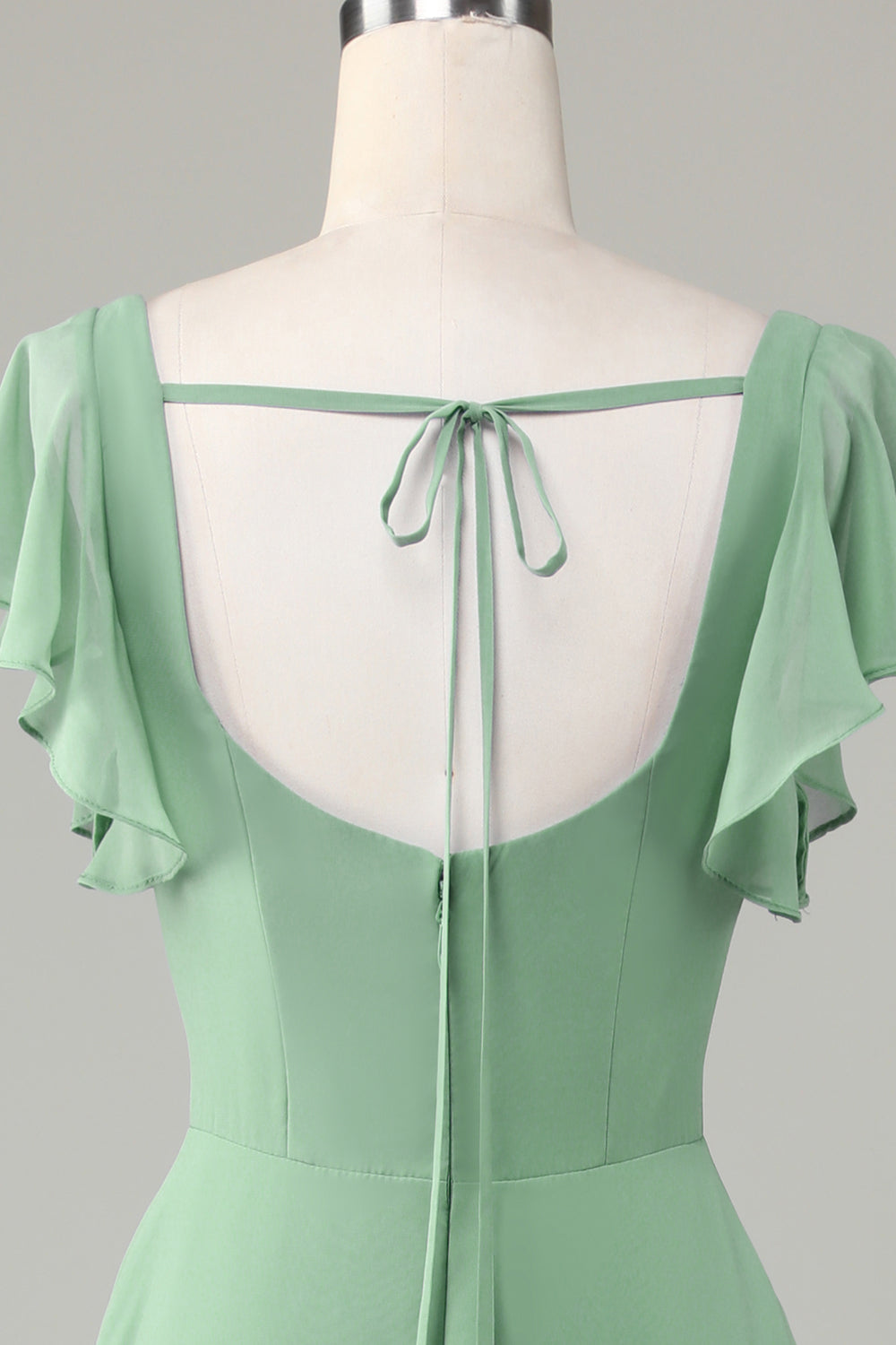 Square Neck Matcha Bridesmaid Dress with Ruffles