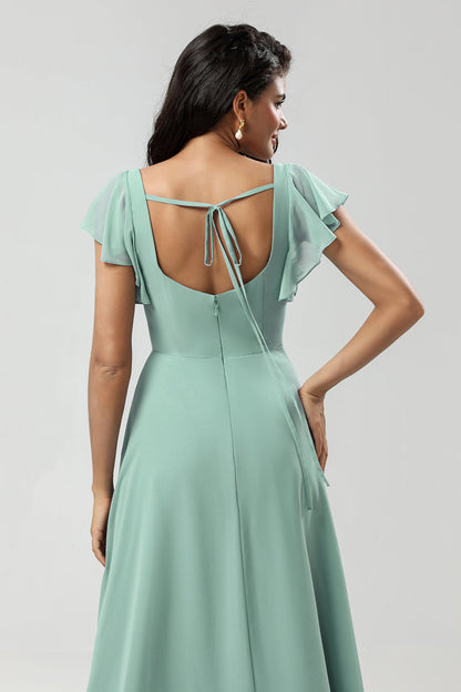 Green Square Neck Chiffon Bridesmaid Dress with Ruffles