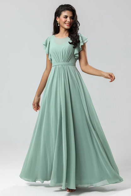 Chiffon A Line Green Bridesmaid Dress with Pleated