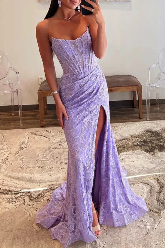 Mandy | Lavender Strapless Lace Ruched Mermaid Prom Dress with Slit