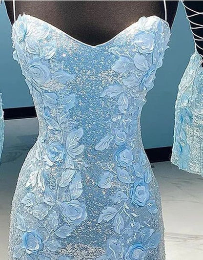 Light Blue Floral Sequin Homecoming Dresses Mini Party Gown, LTP2953