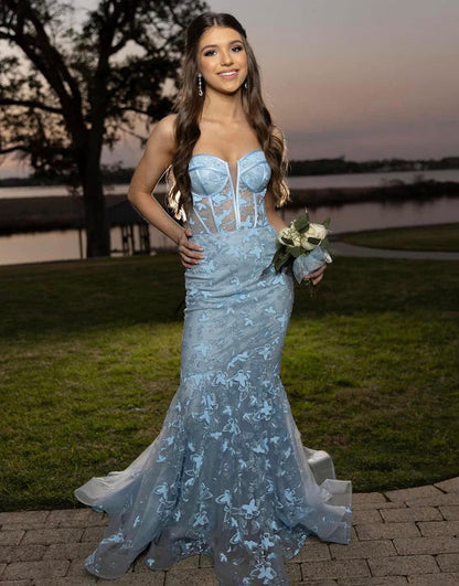 Ruth | Light Blue Gougeous Strapless Long Prom Dress With Appliques