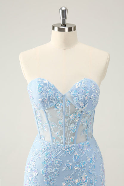 Light Blue Corset Sequins Sweetheart Short Tight Homecoming Dress with Lace-up Back