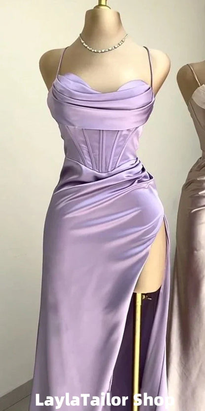 Spaghetti Straps Lilac Evening Party Dresses, Popular Silk Satin Prom Dresses, High Quality Bridesmaid Dresses