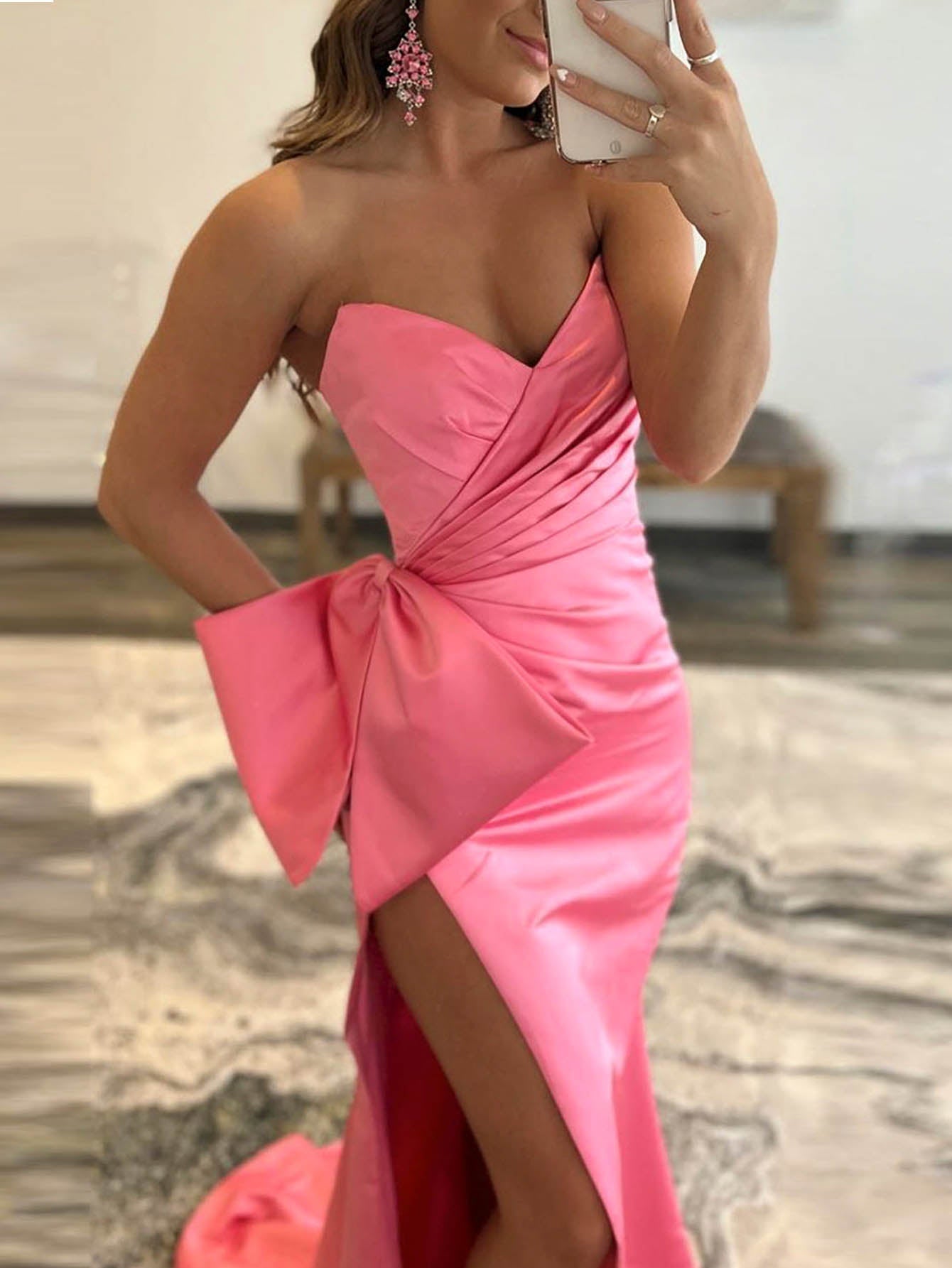 Bexley| Mermaid Red Strapless Long Satin Prom Dress with Bow Tie