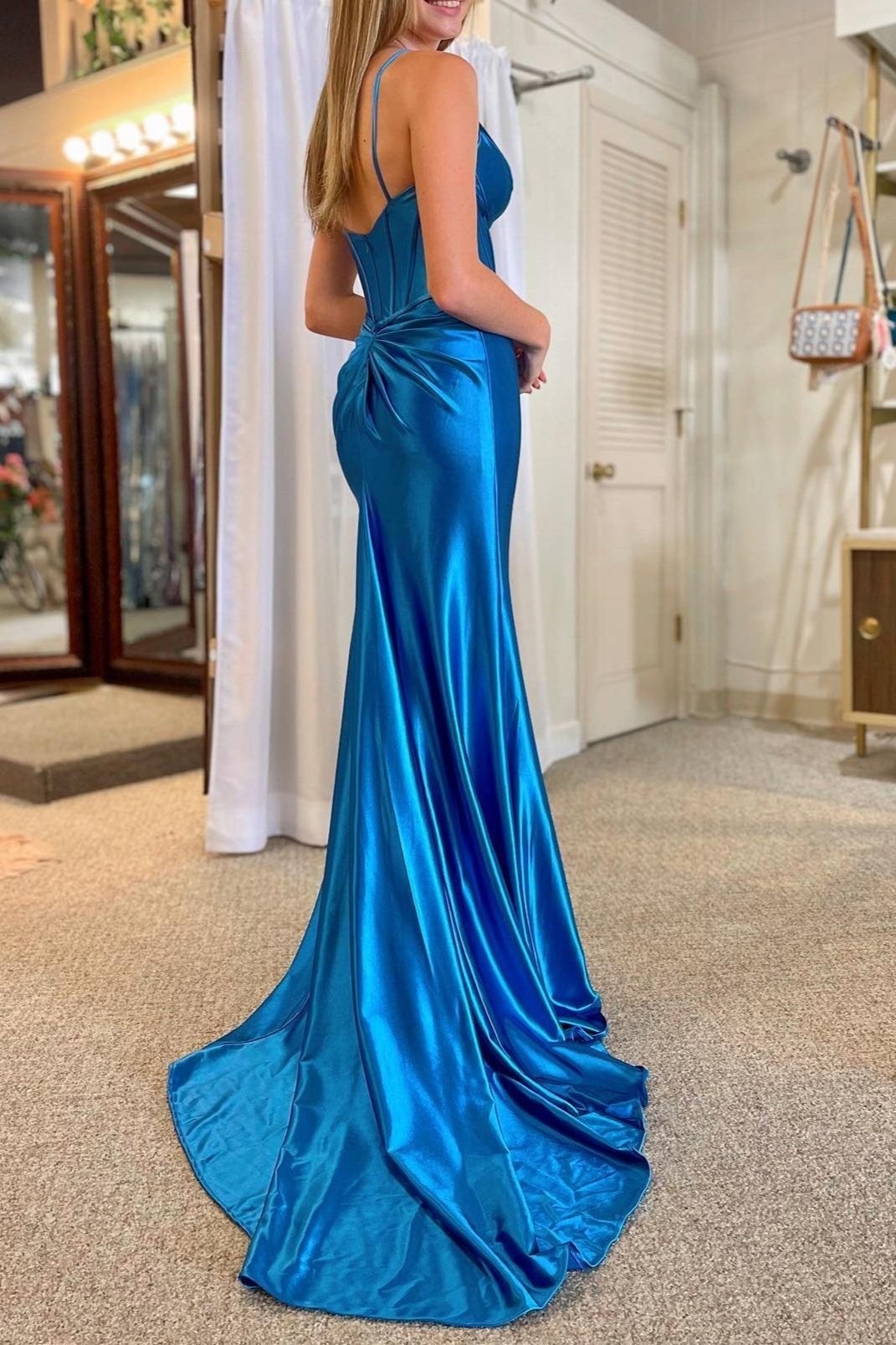 Shelby| Mermaid Spaghetti Strap V-Neck Satin Prom Dress with Slit