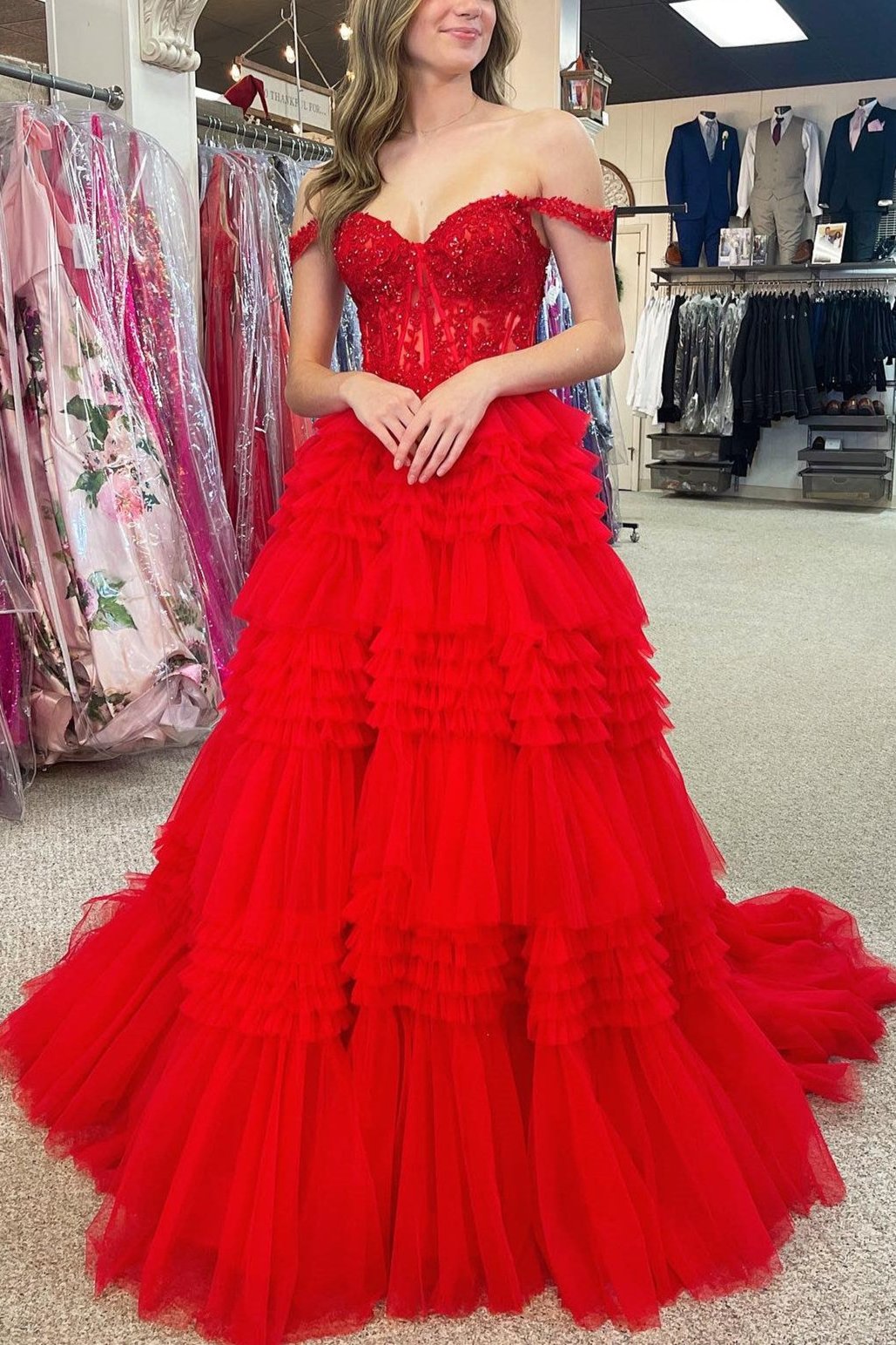 Elina | Red Tulle Off-the-Shoulder Ruffle Tiered Long Prom Dress