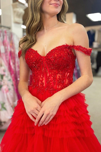 Elina | Red Tulle Off-the-Shoulder Ruffle Tiered Long Prom Dress