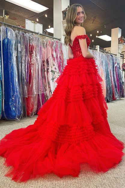 Elina | Red Tulle Off-the-Shoulder Ruffle Tiered Long Prom Dress