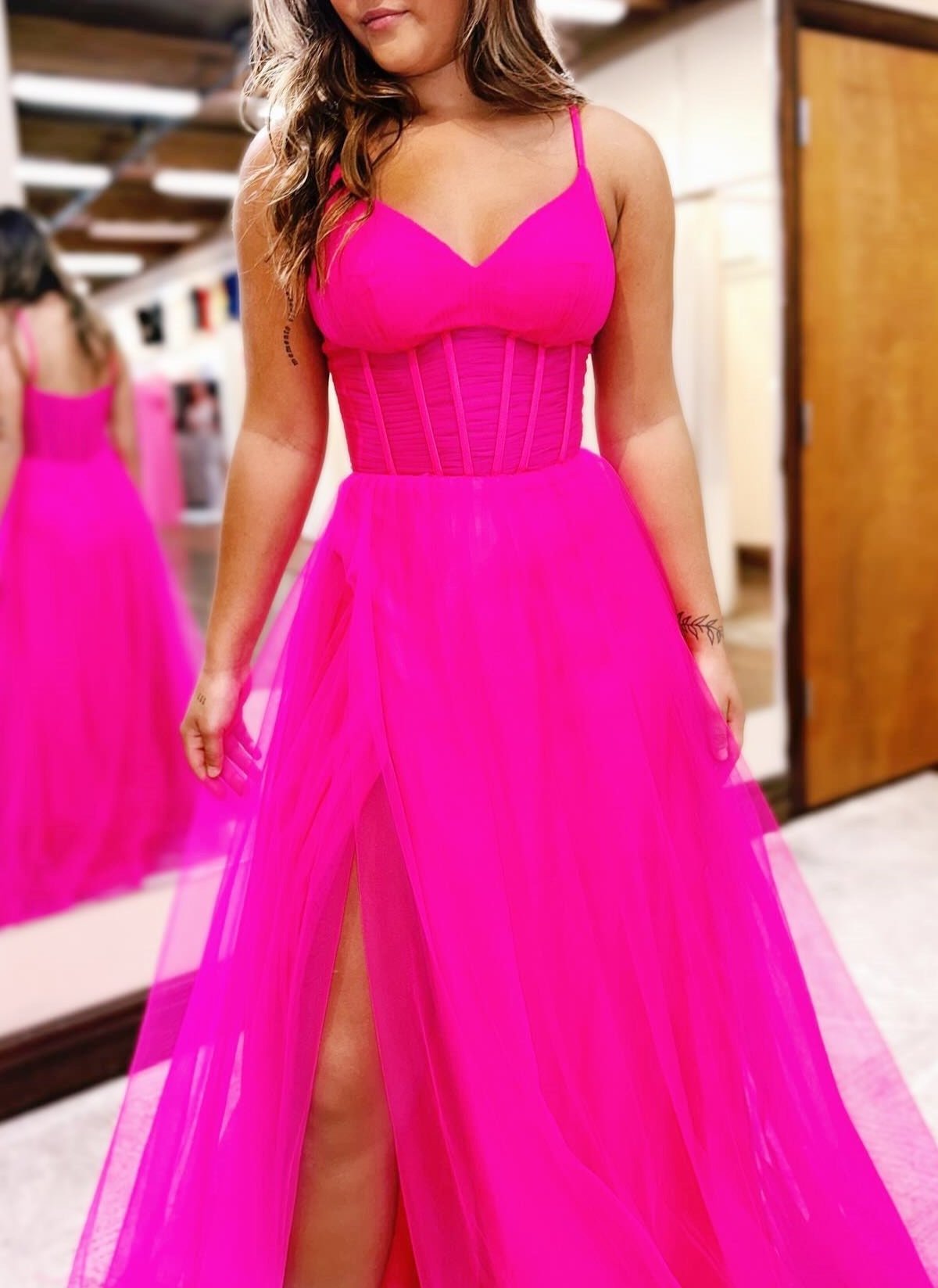 Galilea | Fuchsia V-Neck Sheer Bodice A-Line Long Prom Dress with Slit