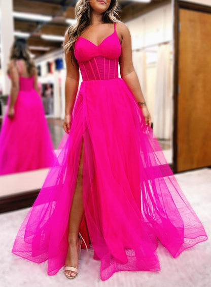 Galilea | Fuchsia V-Neck Sheer Bodice A-Line Long Prom Dress with Slit