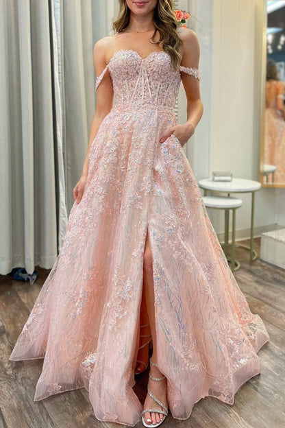 Sally | Pink Appliques Off-the-Shoulder A-Line Long Prom Dress