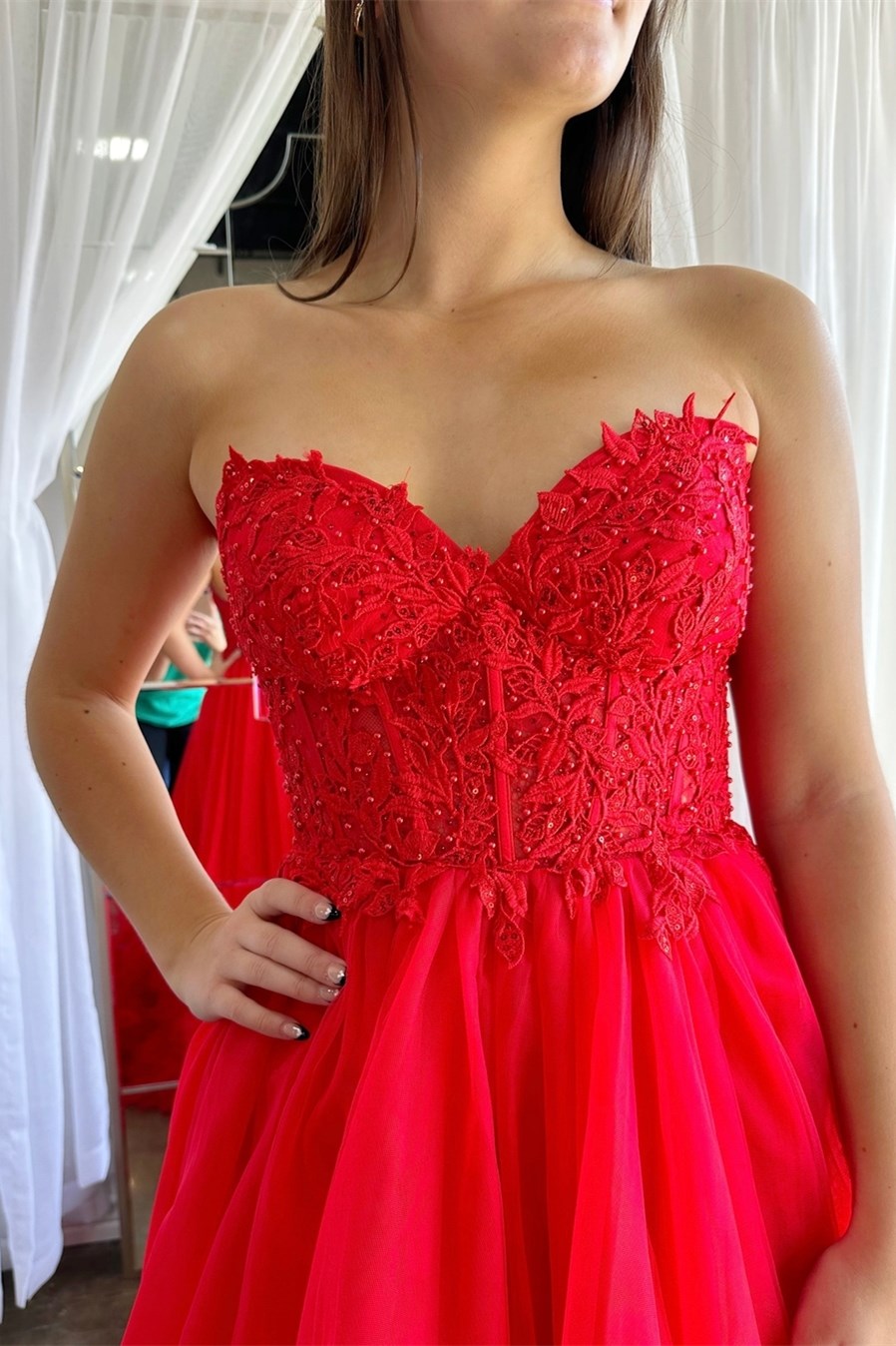 Romy | Red Tulle Appliques Sweetheart Ruffle Long Prom Dress