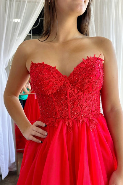 Romy | Red Tulle Appliques Sweetheart Ruffle Long Prom Dress