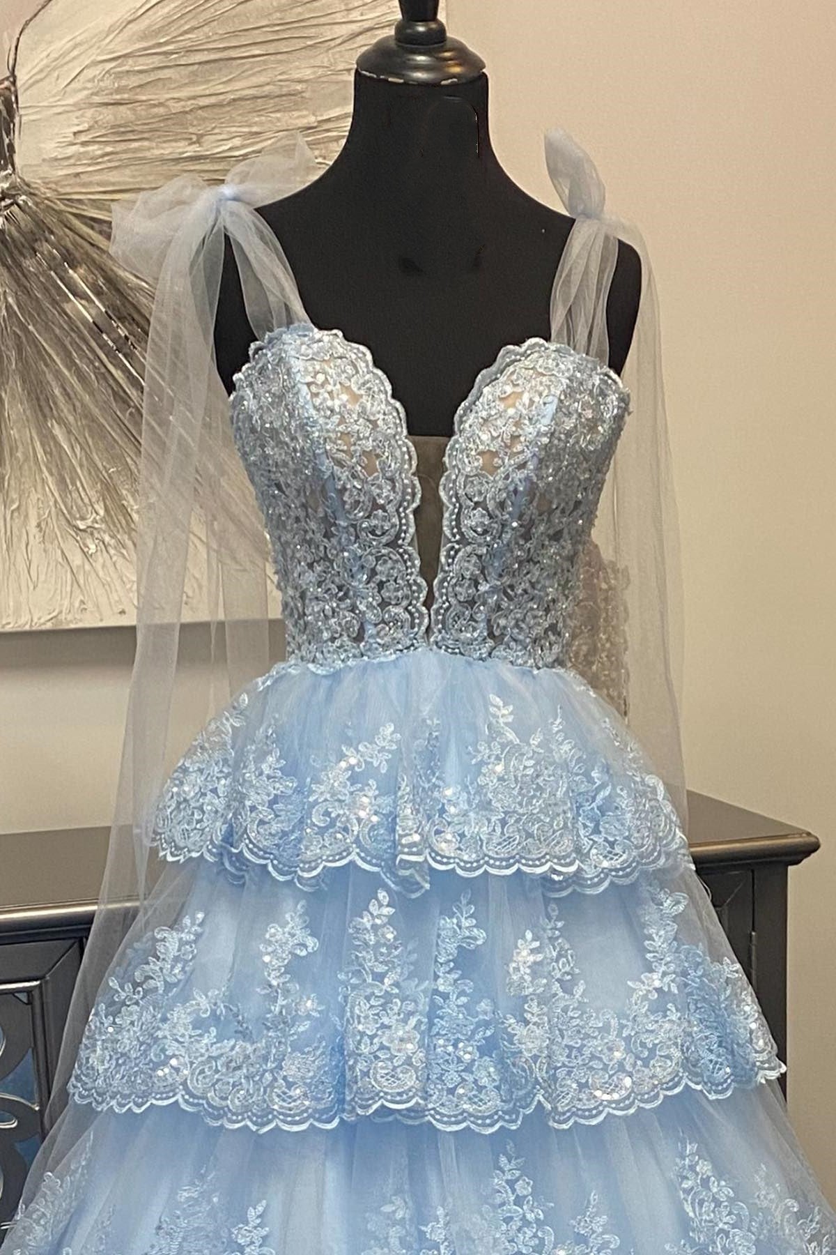 Thelma | Light Blue Tulle Appliques Tying Strap Ruffle Tiered Long Prom Dress