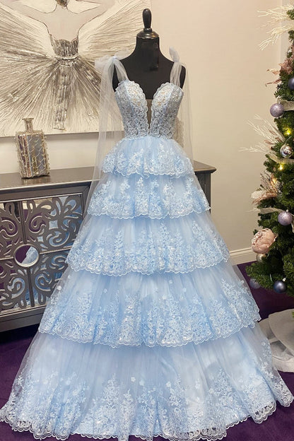 Thelma | Light Blue Tulle Appliques Tying Strap Ruffle Tiered Long Prom Dress