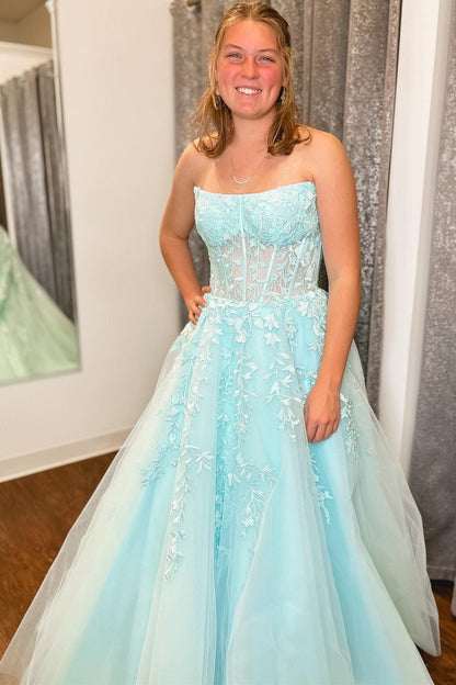 Nell | Aqua Blue Appliques Strapless A-Line Long Prom Dress