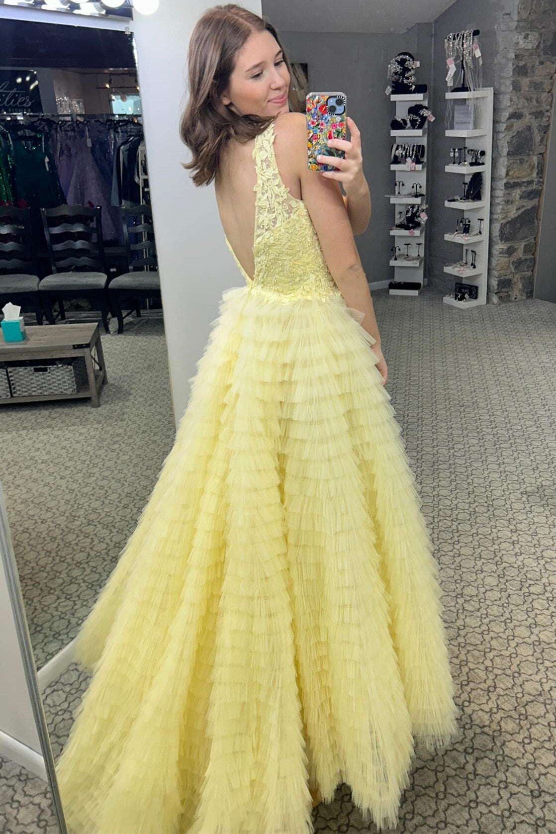 Yellow Plunge V Ruffle Tiered Long Prom Dress with Slit