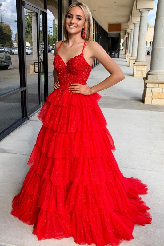 Tiered Ruffle Appliques Corset Long Prom Dress with Spaghetti Straps