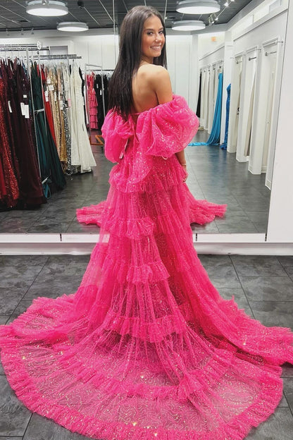 Two-Piece Puff Sleeve Ruffle Glitter Tulle Prom Dress with Slit