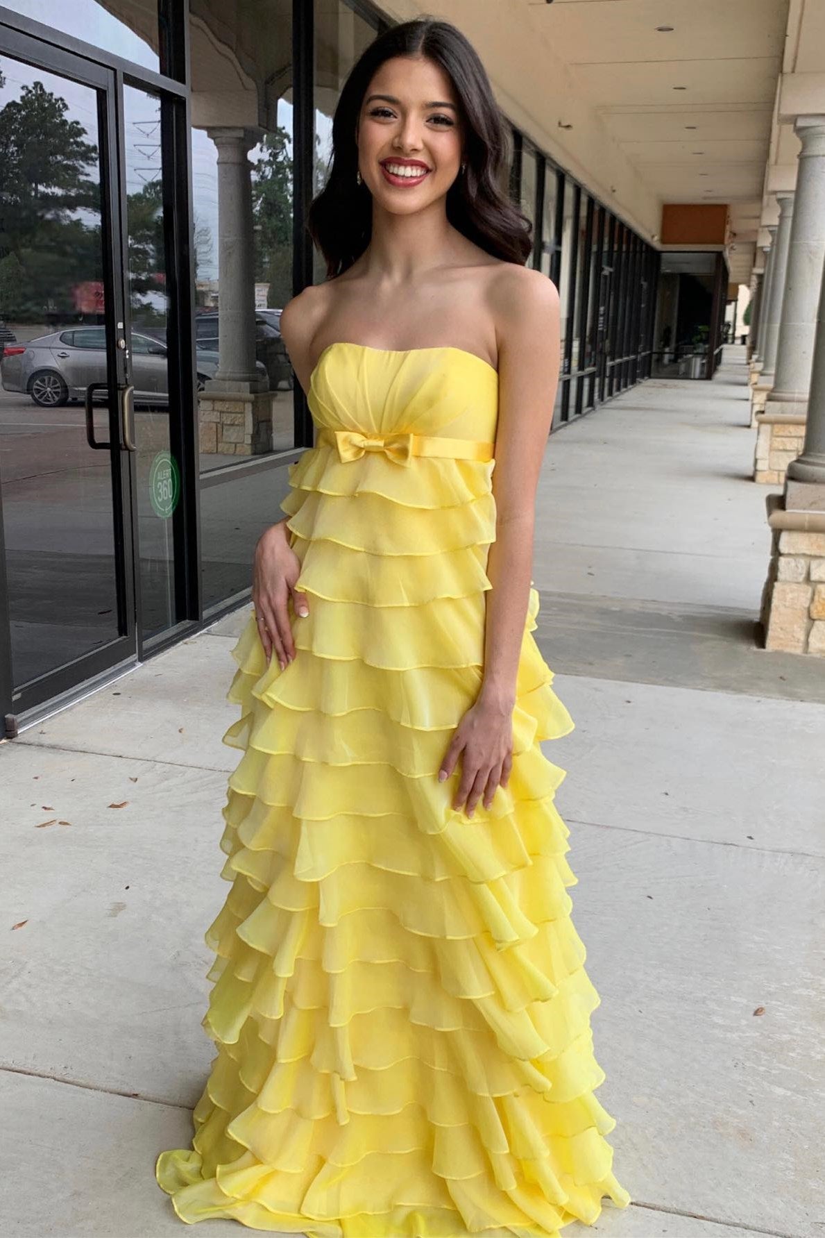 Strapless High-Waist Ruffle Tiered Long Prom Dress with Bow