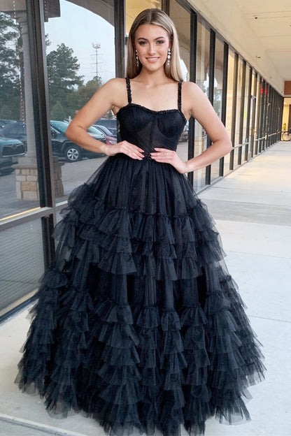 Tiered Ruffle Sweetheart Beaded Long Prom Dress