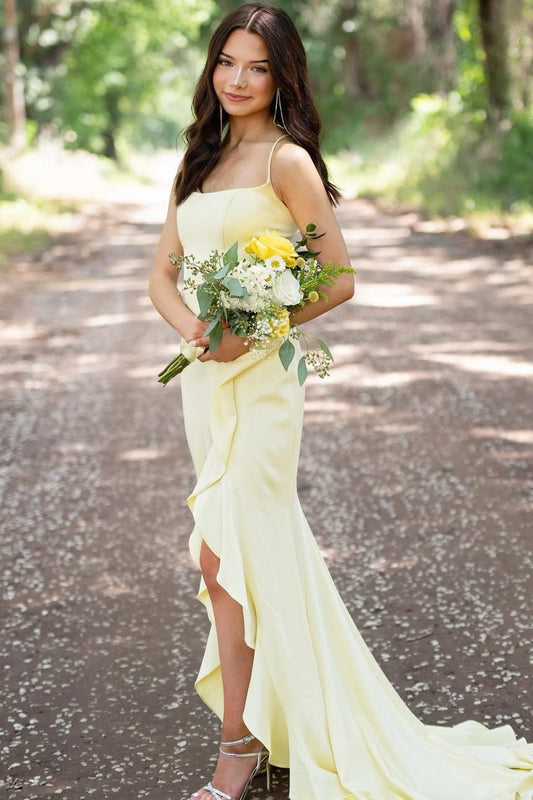 Sophianne | Yellow Spaghetti Straps Mermaid Satin Formal Prom Dress