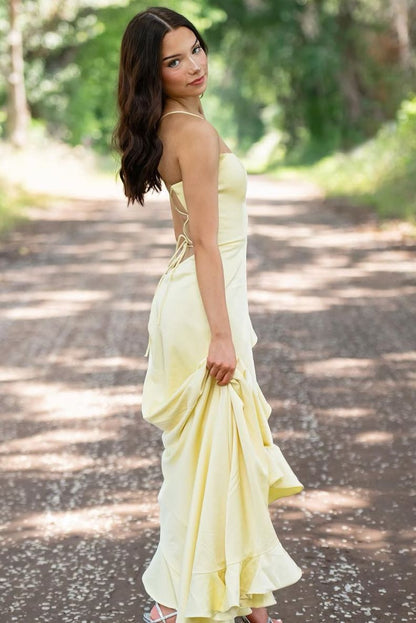 Sophianne | Yellow Spaghetti Straps Mermaid Satin Formal Prom Dress